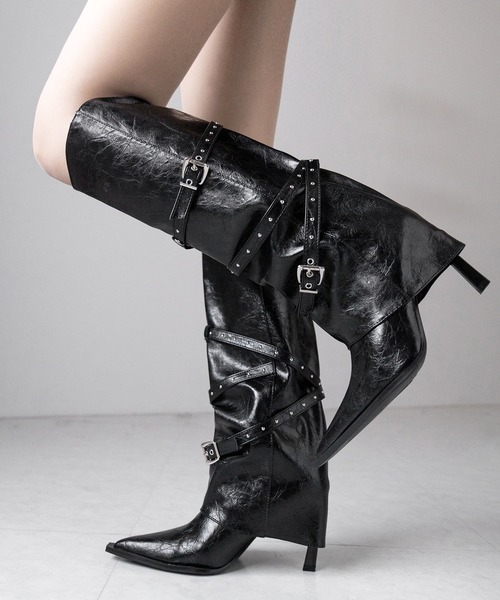 me+em select(ミームセレクト)の「ヴィンテージレザーベルテッドロングカバーブーツ /vintage leather belted long cover boots(ブーツ・レディース・ブラック・40/38/39/37)」の7枚目の写真