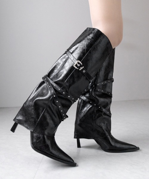 me+em select(ミームセレクト)の「ヴィンテージレザーベルテッドロングカバーブーツ /vintage leather belted long cover boots(ブーツ・レディース・ブラック・40/38/39/37)」の6枚目の写真