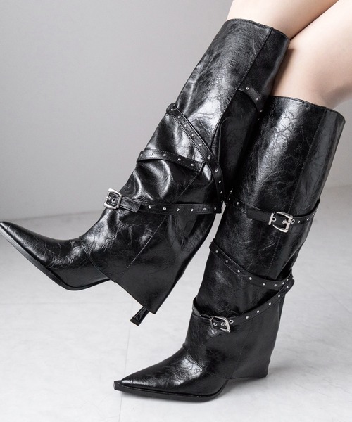 me+em select(ミームセレクト)の「ヴィンテージレザーベルテッドロングカバーブーツ /vintage leather belted long cover boots(ブーツ・レディース・ブラック・40/38/39/37)」の8枚目の写真
