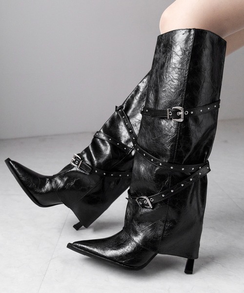 me+em select(ミームセレクト)の「ヴィンテージレザーベルテッドロングカバーブーツ /vintage leather belted long cover boots(ブーツ・レディース・ブラック・40/38/39/37)」の10枚目の写真