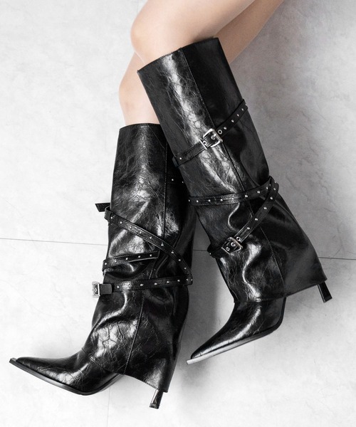 me+em select(ミームセレクト)の「ヴィンテージレザーベルテッドロングカバーブーツ /vintage leather belted long cover boots(ブーツ・レディース・ブラック・40/38/39/37)」の13枚目の写真