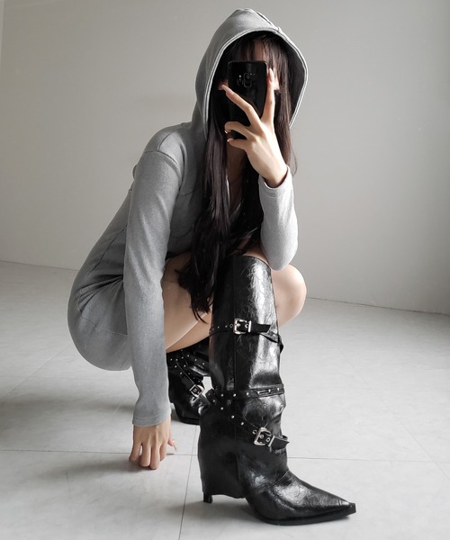 me+em select(ミームセレクト)の「ヴィンテージレザーベルテッドロングカバーブーツ /vintage leather belted long cover boots(ブーツ・レディース・ブラック・40/38/39/37)」の15枚目の写真