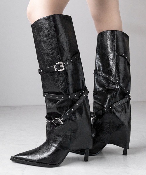 me+em select(ミームセレクト)の「ヴィンテージレザーベルテッドロングカバーブーツ /vintage leather belted long cover boots(ブーツ・レディース・ブラック・40/38/39/37)」の3枚目の写真