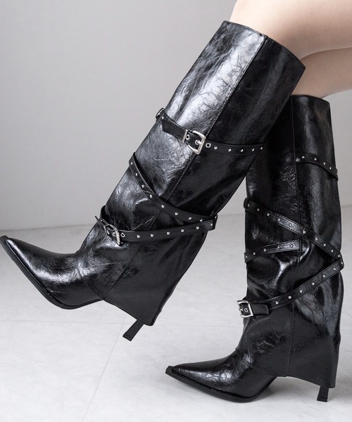 me+em select(ミームセレクト)の「ヴィンテージレザーベルテッドロングカバーブーツ /vintage leather belted long cover boots(ブーツ・レディース・ブラック・40/38/39/37)」の9枚目の写真
