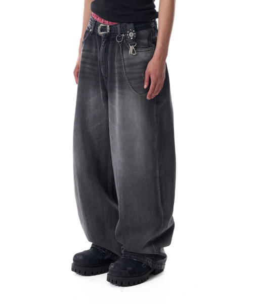 Distressed Pocket Denim Pants (Black)（デニムパンツ）｜AAKAM