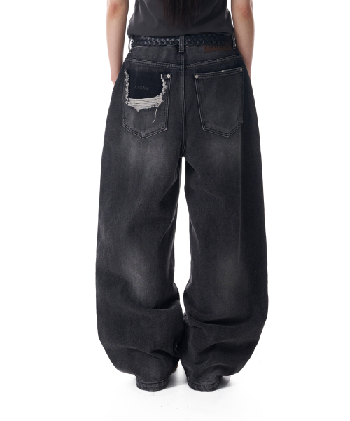 Distressed Pocket Denim Pants (Black)（デニムパンツ）｜AAKAM