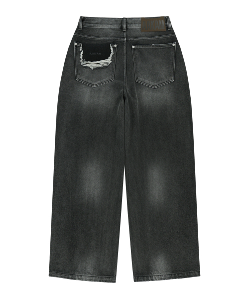 Distressed Pocket Denim Pants (Black)（デニムパンツ）｜AAKAM