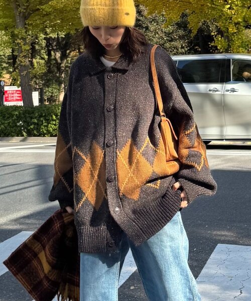 セール】【UNISEX】アーガイル襟ネップニットカーディガン