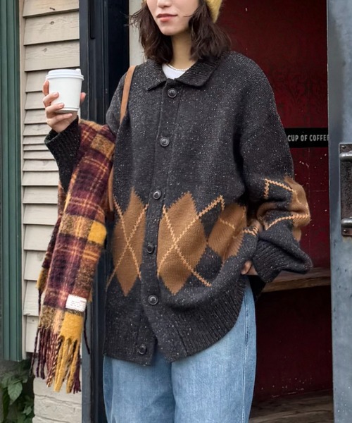 CIAOPANIC TYPY(チャオパニックティピー)の「【UNISEX】アーガイル襟ネップニットカーディガン(カーディガン/ボレロ・レディース・ネイビー/ライトグレー/チャコールグレー・MEDIUM/LARGE)」の2枚目の写真