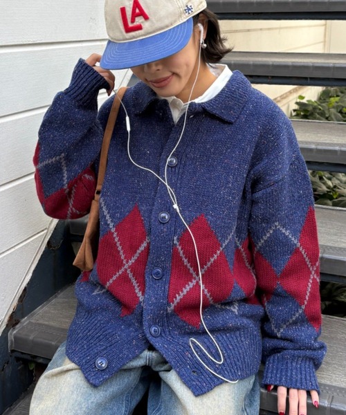 セール】【UNISEX】アーガイル襟ネップニットカーディガン