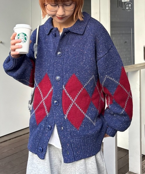 CIAOPANIC TYPY(チャオパニックティピー)の「【UNISEX】アーガイル襟ネップニットカーディガン(カーディガン/ボレロ・レディース・ネイビー/ライトグレー/チャコールグレー・MEDIUM/LARGE)」の8枚目の写真