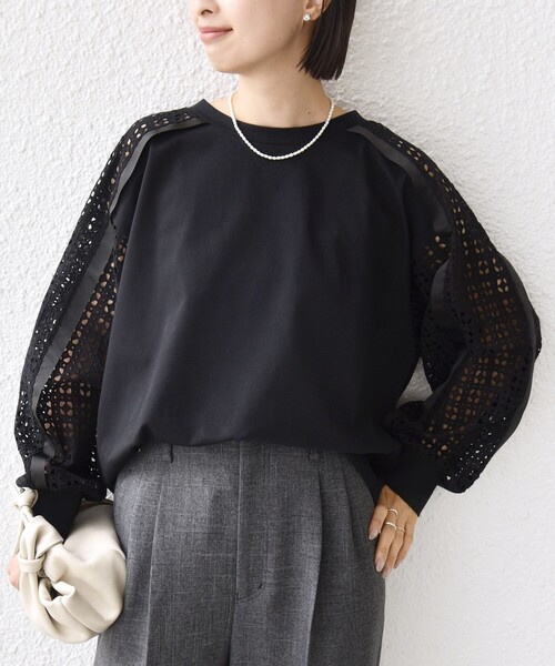 セール】【WEB限定】〈手洗い可能〉レース コンビ カットソー（Tシャツ