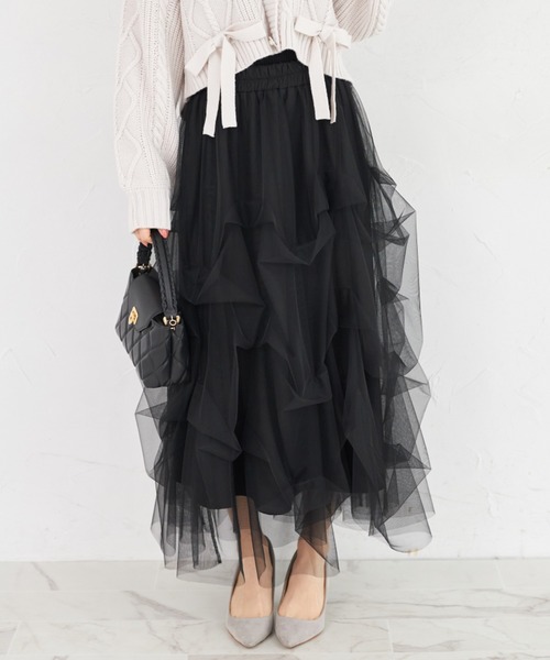 tocco closet(トッコ クローゼット)の「チュールタックバルーンスカート(スカート・レディース・ブラック/オフホワイト/ネイビー/グレー系その他・M)」の3枚目の写真