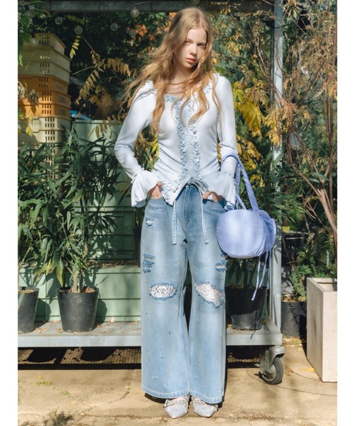 FURFUR（ファーファー）の「レースクラッシュデニムパンツ（デニムパンツ・レディース・ブラック/サックスブルー/ライトグレー・0/1）」の4枚目の写真