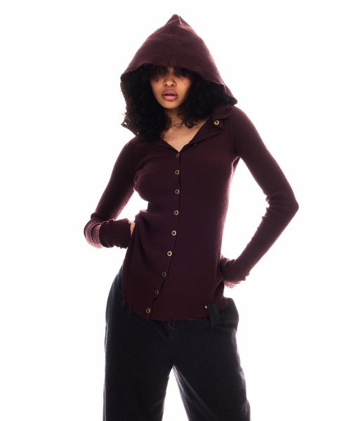 FRONT BUTTON HOODED KNIT TOPS