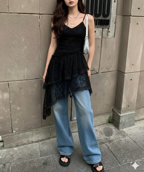 NANEA（ナネア）の「アシンメトリーフリルヘムキャミワンピース（ワンピース・レディース・ブラック/ホワイト・フリー）」の13枚目の写真