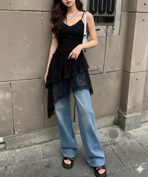 NANEA（ナネア）の「アシンメトリーフリルヘムキャミワンピース（ワンピース・レディース・ブラック/ホワイト・フリー）」の14枚目の写真