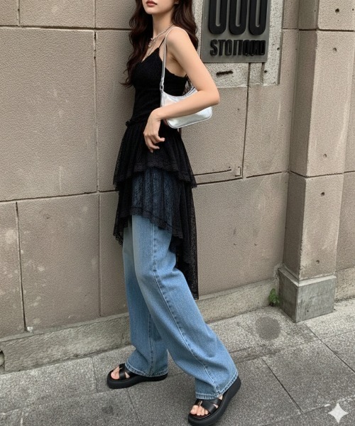 NANEA（ナネア）の「アシンメトリーフリルヘムキャミワンピース（ワンピース・レディース・ブラック/ホワイト・フリー）」の15枚目の写真