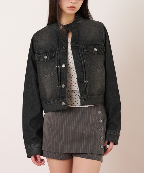 hazyl（ヘイジル）の「compact denim riders jacket / コンパクトデニムライダースジャケット（ブルゾン・レディース・インディゴブルー/ブラック・フリー）」の2枚目の写真