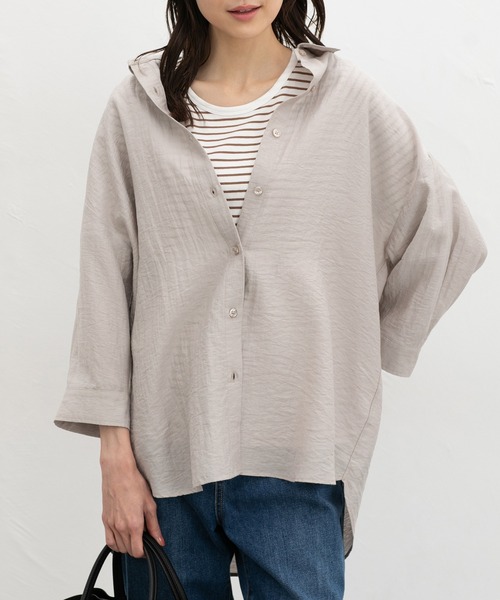 Honeys（ハニーズ）の「【ハニさら・接触冷感】７分袖ゆるシャツ（シャツ/ブラウス・レディース・ネイビー/ベージュ/モカ/ピンク/アイボリー/ブルーグレー・L/LL/M）」の4枚目の写真