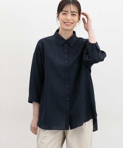 Honeys（ハニーズ）の「【ハニさら・接触冷感】７分袖ゆるシャツ（シャツ/ブラウス・レディース・ネイビー/ベージュ/モカ/ピンク/アイボリー/ブルーグレー・L/LL/M）」の11枚目の写真