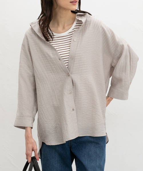 Honeys（ハニーズ）の「【ハニさら・接触冷感】７分袖ゆるシャツ（シャツ/ブラウス・レディース・ネイビー/ベージュ/モカ/ピンク/アイボリー/ブルーグレー・L/LL/M）」の18枚目の写真