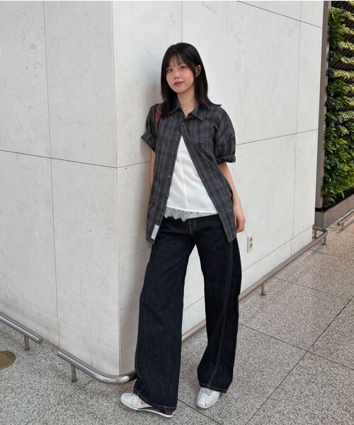 LEMAIN SECOND（リメインセカンド）の「チェックオーバーサイズ半袖シャツ[チャコール]（Tシャツ/カットソー・レディース・その他・MEDIUM/LARGE）」の14枚目の写真
