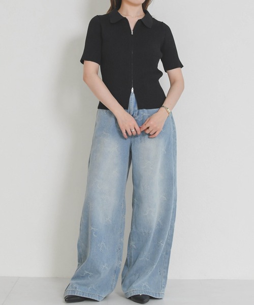 MISCH MASCH（ミッシュマッシュ）の「2026春夏新作 一部店舗限定 リボンモチーフデニムワイドパンツ（その他パンツ・レディース・ブルー/ホワイト・S/M）」の7枚目の写真