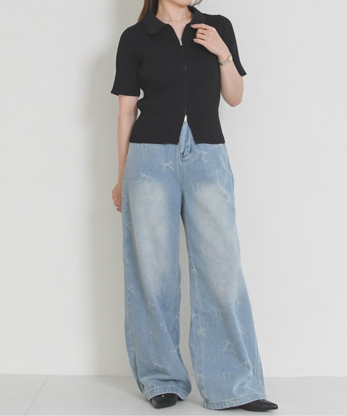 MISCH MASCH（ミッシュマッシュ）の「2026春夏新作 一部店舗限定 リボンモチーフデニムワイドパンツ（その他パンツ・レディース・ブルー/ホワイト・S/M）」の8枚目の写真