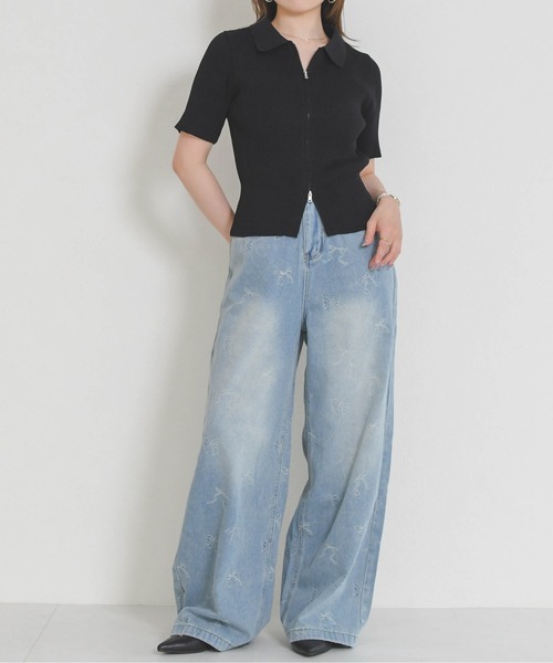 MISCH MASCH（ミッシュマッシュ）の「2026春夏新作 一部店舗限定 リボンモチーフデニムワイドパンツ（その他パンツ・レディース・ブルー/ホワイト・S/M）」の6枚目の写真