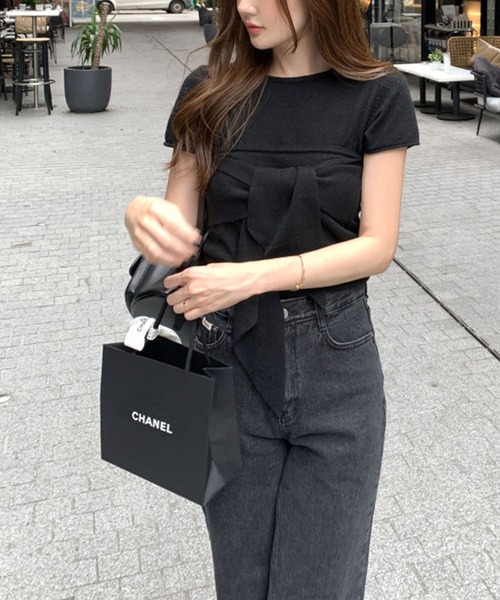 meJane（ミージェーン）の「半そでニットトップス × リボンベアトップ アンサンブル（アンサンブル・レディース・ブラック・FREE）」の5枚目の写真