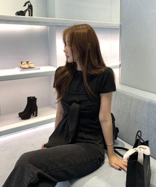 meJane（ミージェーン）の「半そでニットトップス × リボンベアトップ アンサンブル（アンサンブル・レディース・ブラック・FREE）」の6枚目の写真