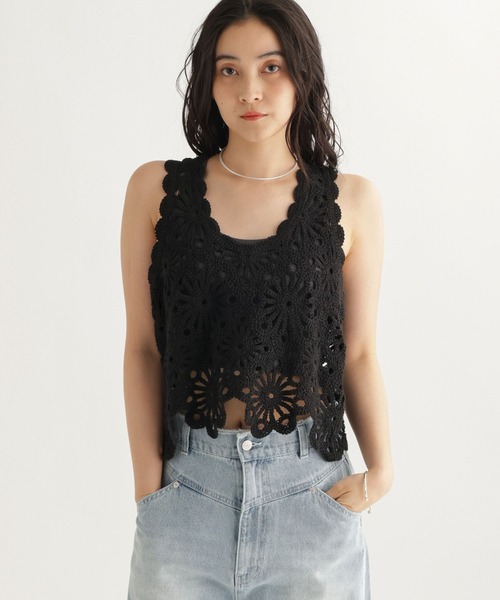 studio CLIP（スタディオクリップ）の「【daily CLIP】フラワーモチーフクロシェノースリーブ（タンクトップ・レディース・ホワイト/ブラック・FREE）」の21枚目の写真