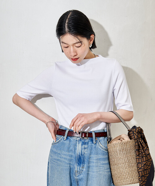 FREAK'S STORE(フリークスストア)の「コットンモダール ボトルネック 半袖Tシャツ(Tシャツ/カットソー・レディース・ブラウン/ホワイト/ネイビー/サックスブルー/ブラック・SMALL/MEDIUM)」の2枚目の写真