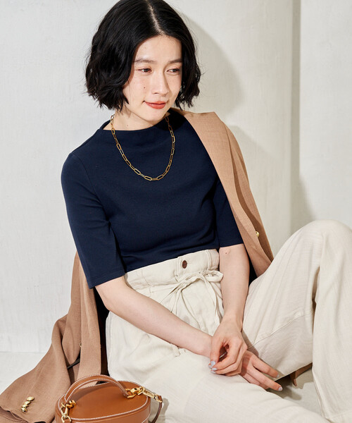 FREAK'S STORE(フリークスストア)の「コットンモダール ボトルネック 半袖Tシャツ(Tシャツ/カットソー・レディース・ブラウン/ホワイト/ネイビー/サックスブルー/ブラック・SMALL/MEDIUM)」の6枚目の写真