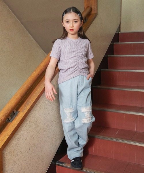 EDWIN（エドウィン）の「【Ou? by EDWIN】クラッシュレースデニムパンツ（デニムパンツ・キッズ・サックスブルー/ブルー・140/120/100/130/150/110/90）」の4枚目の写真