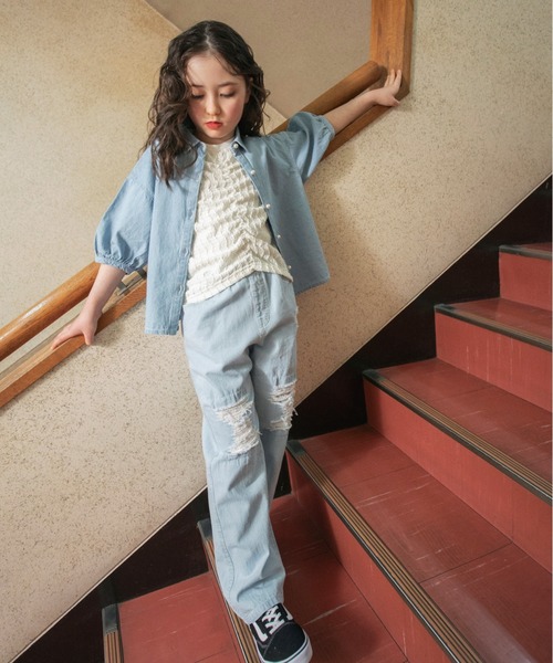 EDWIN（エドウィン）の「【Ou? by EDWIN】クラッシュレースデニムパンツ（デニムパンツ・キッズ・サックスブルー/ブルー・140/120/100/130/150/110/90）」の9枚目の写真