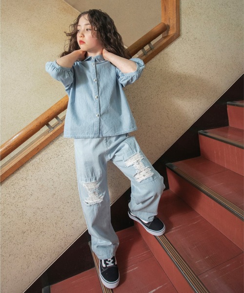 EDWIN（エドウィン）の「【Ou? by EDWIN】クラッシュレースデニムパンツ（デニムパンツ・キッズ・サックスブルー/ブルー・140/120/100/130/150/110/90）」の10枚目の写真