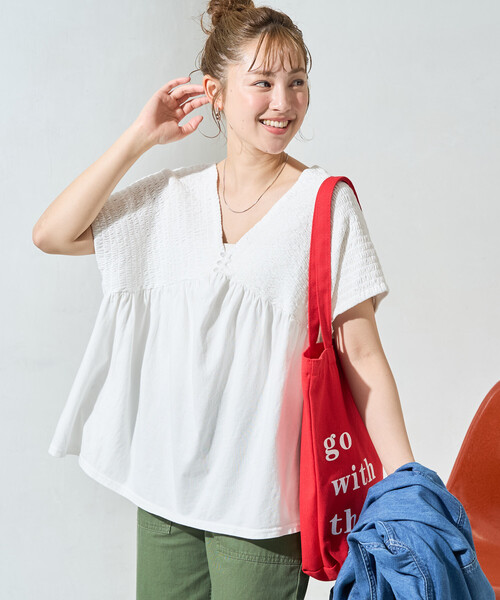 FREAK'S STORE（フリークスストア）の「限定展開　ピグメント シャーリング フレンチ スリーブ トップス（Tシャツ/カットソー・レディース・グリーン/ライトグレー/オレンジ/ブルー/オフホワイト/ブラック・ﾌﾘ-）」の3枚目の写真