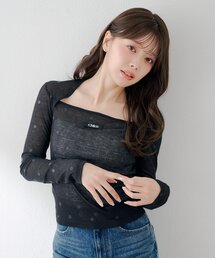 スクエアネックドットトップス