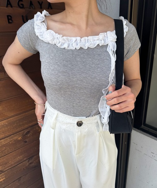 frunco（フランコ）の「ローズフリルTシャツ（Tシャツ/カットソー・レディース・ホワイト/ピンク/ブルー/グレー・FREE）」の3枚目の写真