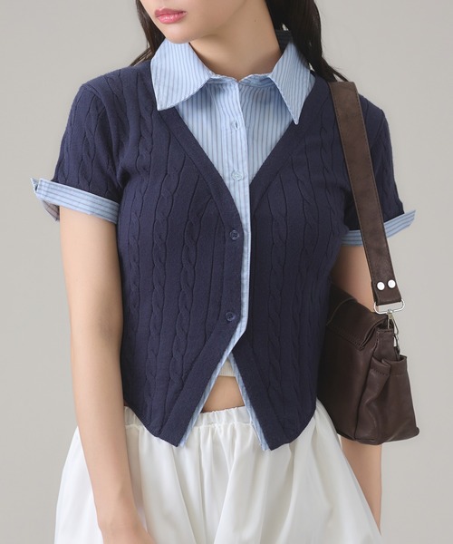 cherir 美品Chacotショートオールとネイビートップスおまとめ2点 セール】ダブル襟ショートスリーブトップス（その他トップス）｜apres