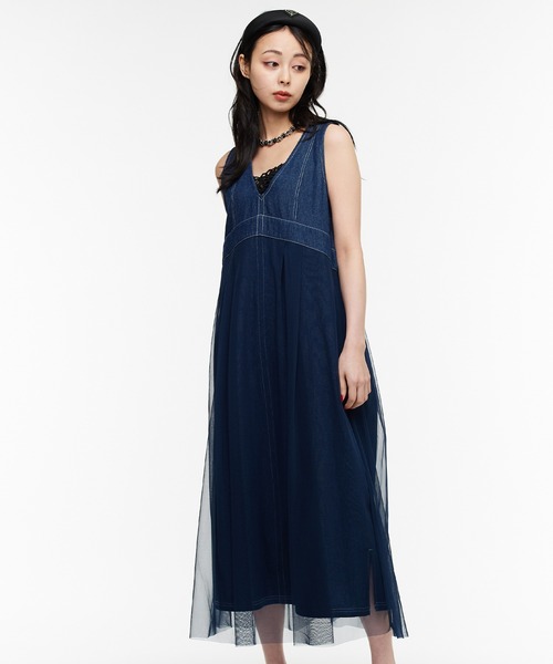 Narcissus(ナルシス)の「【Narcissus】デニムチュールワンピース ロング丈 夏 Vネック シアー(ワンピース・レディース・ブラック/ブルー・FREE)」の8枚目の写真