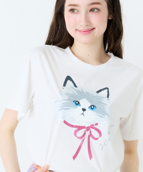 Jolly Poupee(ジョリープッペ)の「ネコプリント半袖Tシャツ(Tシャツ/カットソー・レディース・ブラック/オフホワイト/ピンク・42/46/38)」の2枚目の写真