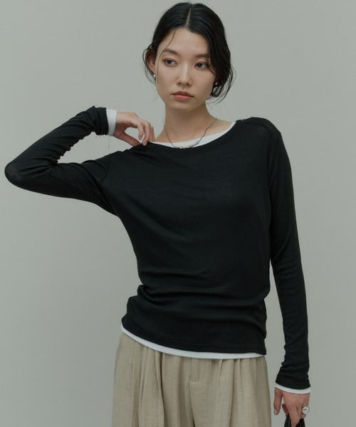 Plumel(プルメル)の「Stretch Boatneck Long T / ストレッチボートネックロングTEE(Tシャツ/カットソー・レディース・ホワイト/ブラウン/ライム/ピンク/ブラック/グレー・MEDIUM)」の16枚目の写真