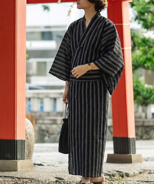 Nylaus】しじら織りワンタッチ帯付きメンズ浴衣4点セット 無地