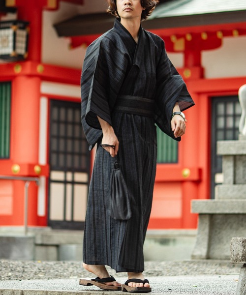 セール】【Nylaus】しじら織りワンタッチ帯付きメンズ浴衣4点セット