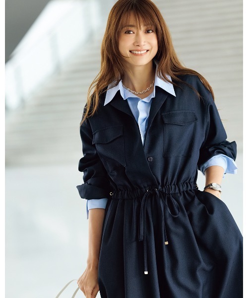 DoCLASSE( ドゥクラッセ)の「ブッチャー織り・ポケットシャツワンピ(ワンピース・レディース・ダークネイビー/ブラウン・11/9)」の1枚目の写真