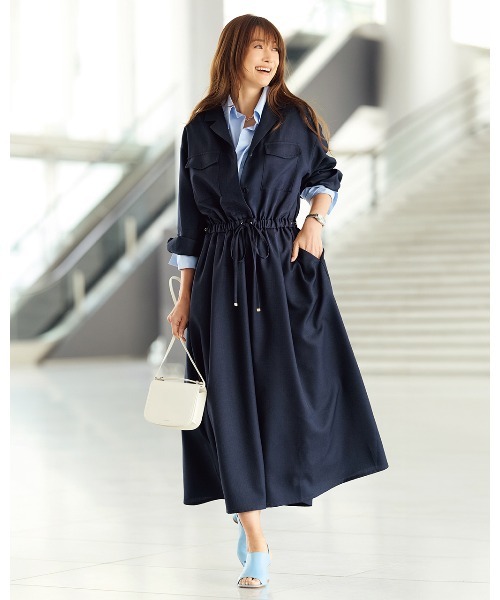 DoCLASSE( ドゥクラッセ)の「ブッチャー織り・ポケットシャツワンピ(ワンピース・レディース・ダークネイビー/ブラウン・11/9)」の3枚目の写真