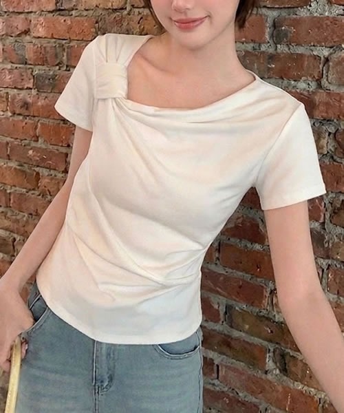 Pittok（ピットク）の「ギャザーリボン風 半袖Ｔシャツカットソー（Tシャツ/カットソー・レディース・ライトブルー/ホワイト・MEDIUM）」の3枚目の写真